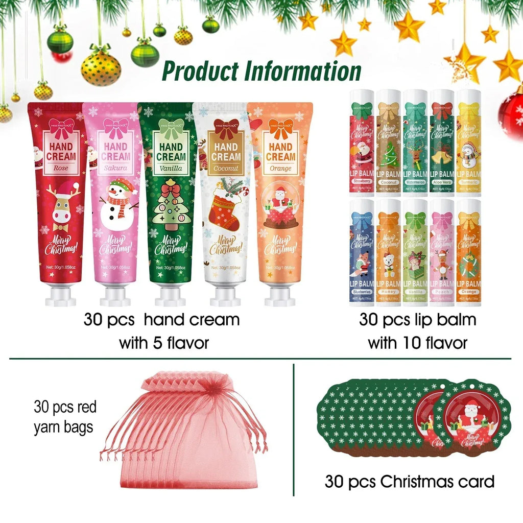 Christmas gift set distribution 120PCS/box in bulk, lip balm in bulk, hand cream in bulk, Christmas cards, gift gauze bags.