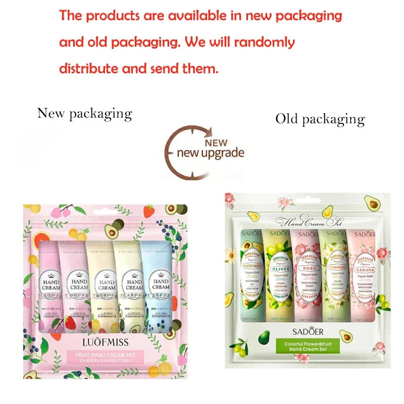5Pcs/set Fruit Plant Fragrance Hand Cream Sets Moisturizing Repair Anti Dry Hand Lotion Sets Hands Skin Care Products.