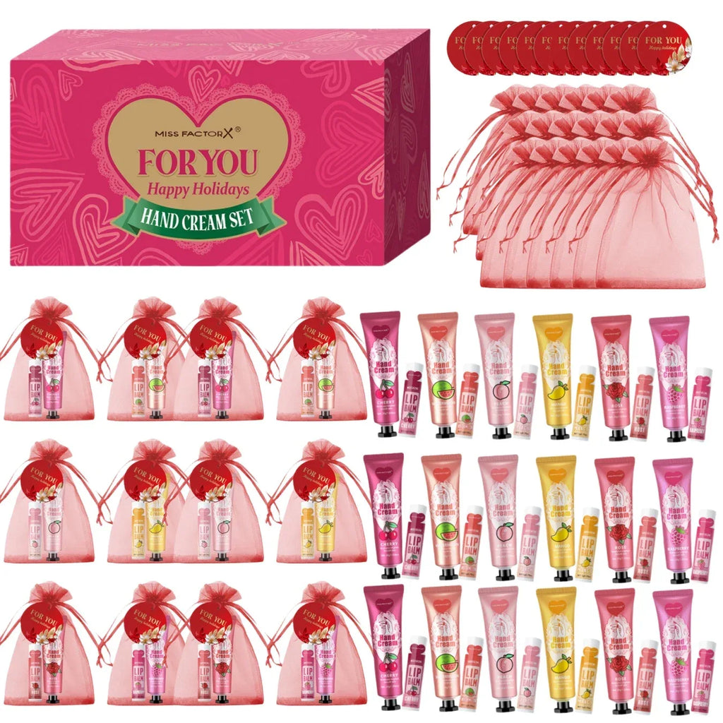 96pcs gift set hand cream and lip balm, with thank you card and organza bag, suitable for wedding, ladies party.