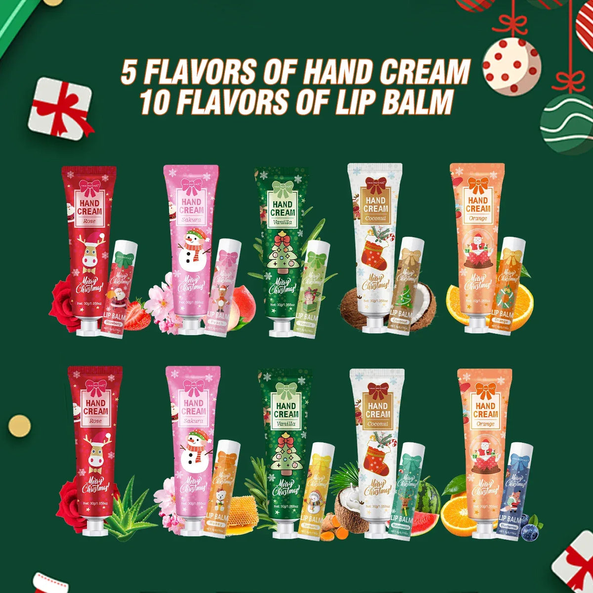 Christmas kit-10 sets/box hand cream kit, lip balm set, with Santa Card and red gift bag, party gift distribution.