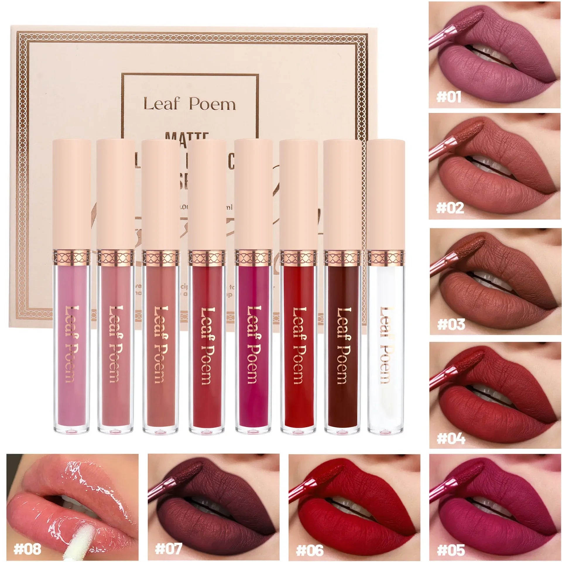 8 pcs matte liquid lipstick, lip glaze - waterproof, non-stick, long-lasting lip gloss, brown, pink, purple and red tones, suitable for Valentine's Day, daily, parties, travel - My Vixen Vault