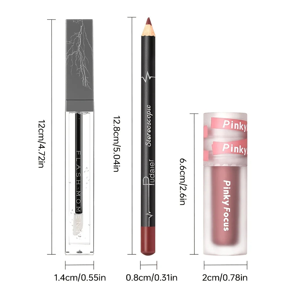 3PCS Glossy Lip Set, Shimmer Lip Gloss + Lip Oil + Lip Liner, Nourishing, Non-Sticky, High Shine, Daily Makeup - Beauty Collection Studio