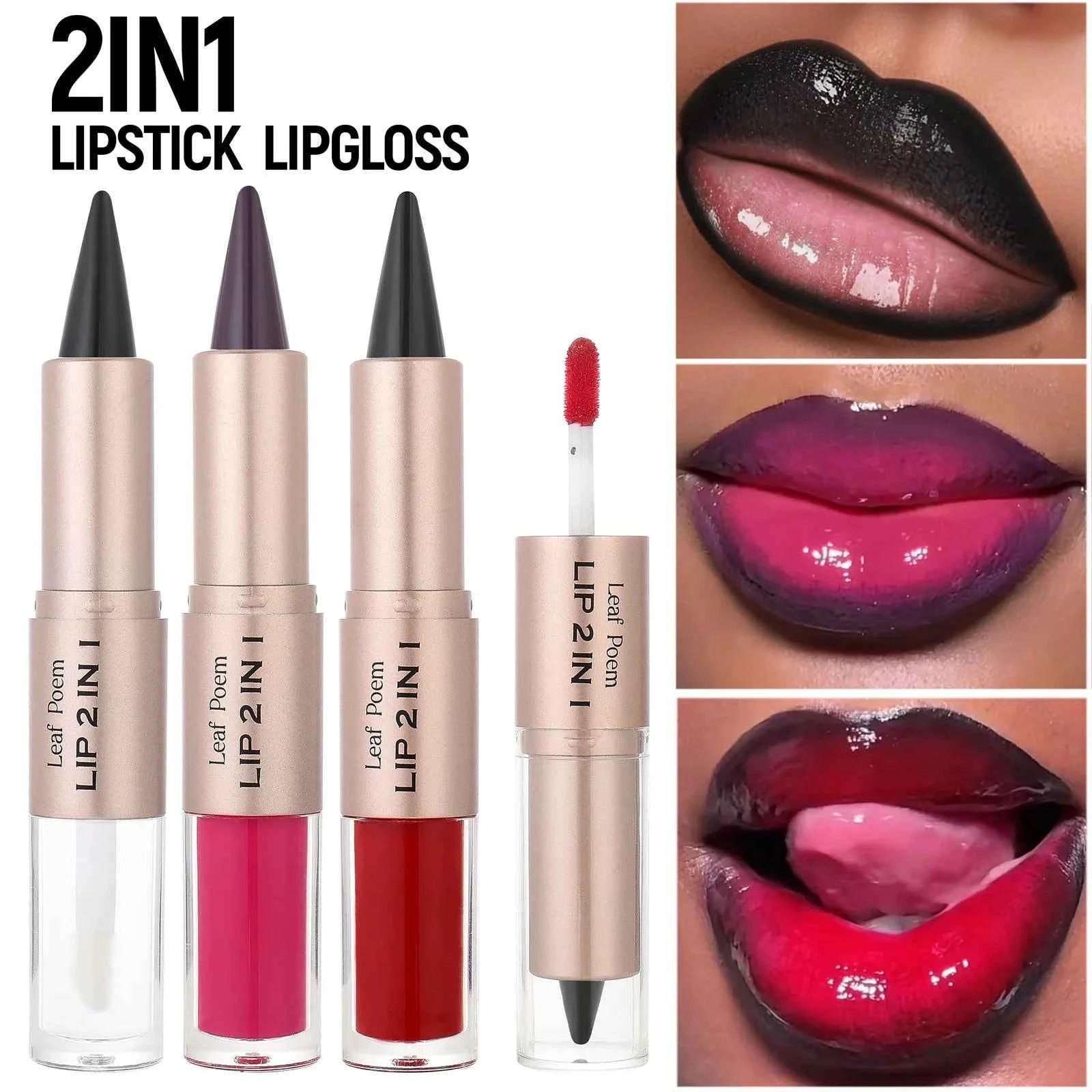 2 IN 1 Nude Brown Pink Mirror Lip Gloss Tapered Gradient Lipliner Contour Pencil Matte Lip Liner Waterproof Sexy Lipstick Makeup.