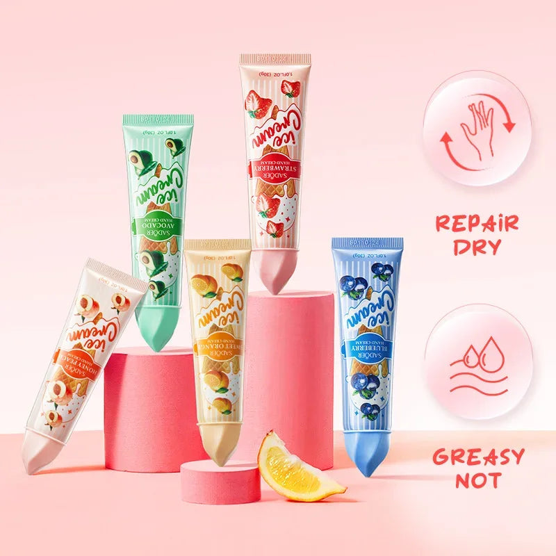 5pcs/set SADOER Fruit Ice Cream Hand Cream Moisturizing Nourishing Brightening Hydrating Hand Creams Hands Skin Care Products.