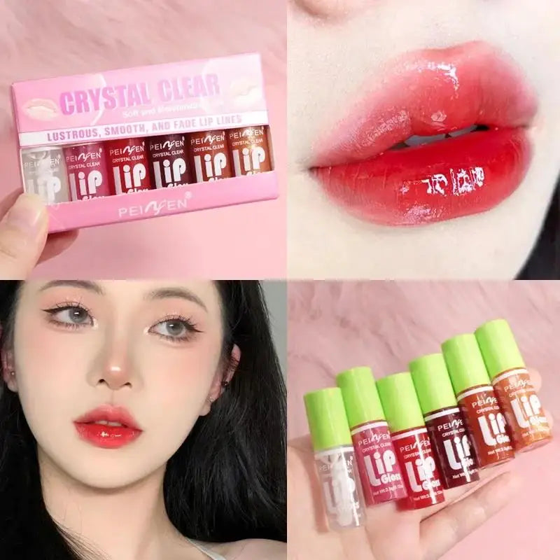 6 Pieces Glass Mirror Lip Gloss Set Hydrating Lightweight Lip Balm Glossy Shimmer Sheer Tint Peach Cherry Pink - Beauty Collection Studio