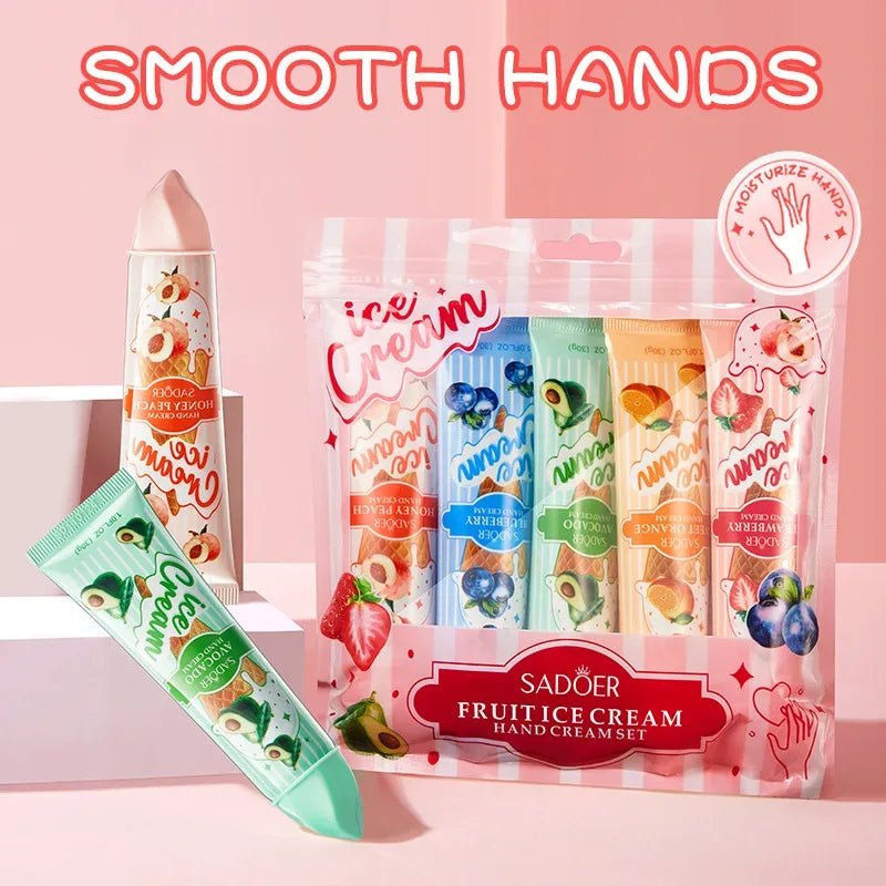 5pcs/set SADOER Fruit Ice Cream Hand Cream Moisturizing Nourishing Brightening Hydrating Hand Creams Hands Skin Care Products.