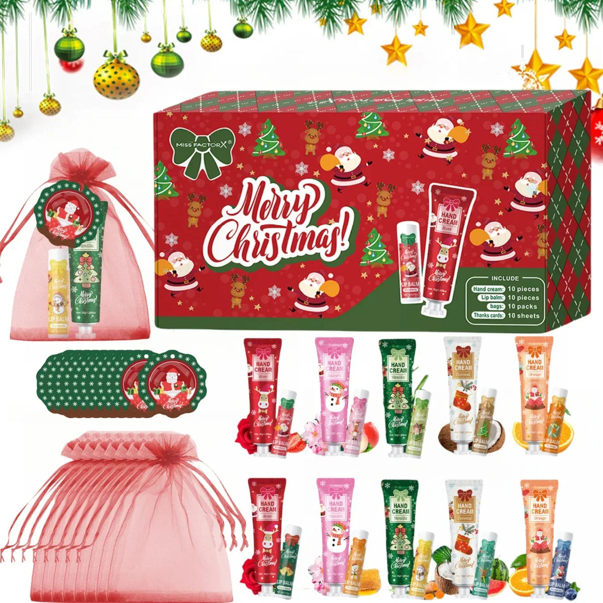 Christmas kit-10 sets/box hand cream kit, lip balm set, with Santa Card and red gift bag, party gift distribution.
