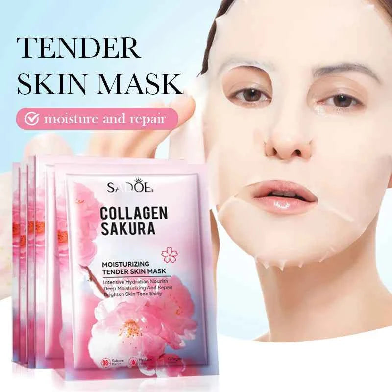 5pcs SADOER Sakura Face Mask Facial Skincare Moisturizing Brightening Hydrating Firming Collagen Facial Masks Face Sheet Mask