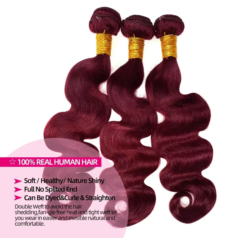 16A Burgundy 99j Body Wave Bundles Red Colored Human Hair Bundles 1/3/4 PCS Brazilian Virgin Hair Weave Extension For Women - My Vixen Vault