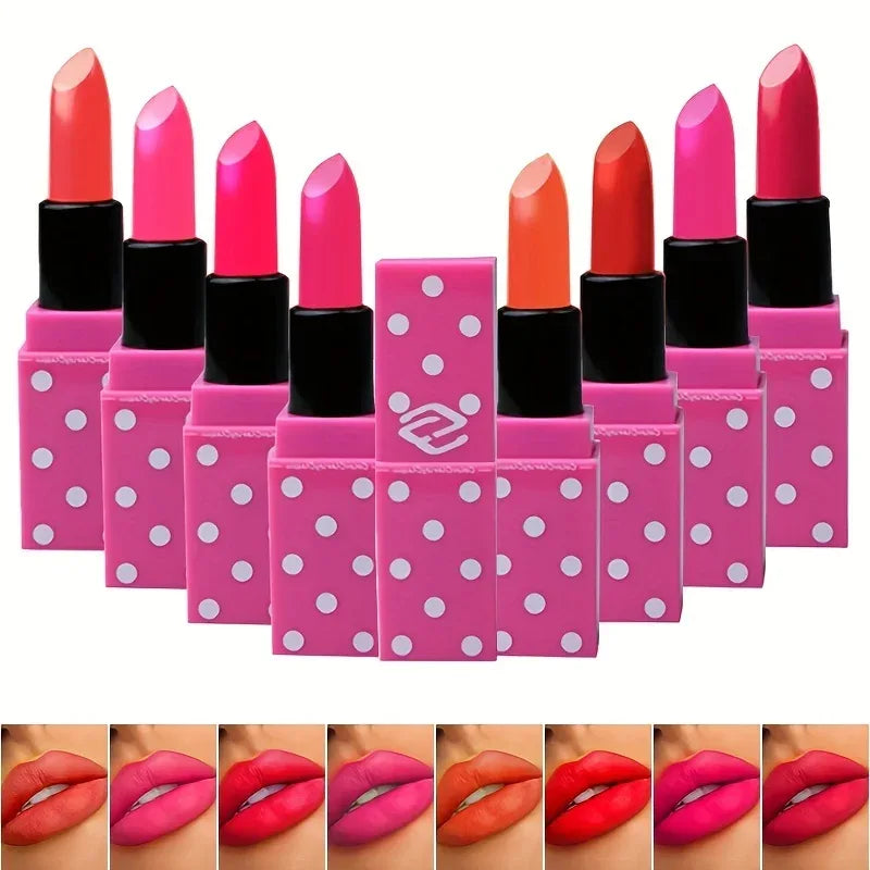 8 Colors Super Cute Girls Lipstick, Pink Polka Dots Design Long Lasting Non-fading Waterproof Velvet Lip Color, Non-Stick Cup - My Vixen Vault