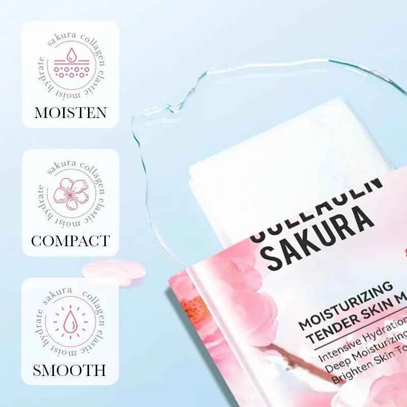 5pcs SADOER Sakura Face Mask Facial Skincare Moisturizing Brightening Hydrating Firming Collagen Facial Masks Face Sheet Mask