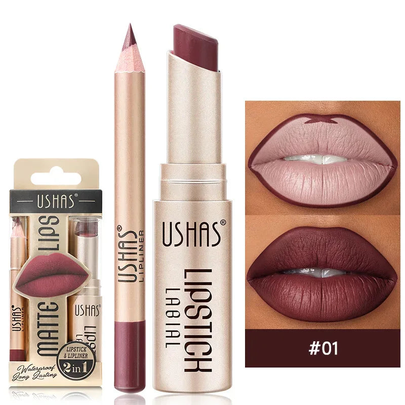 USHAS 12 Color Lip Liner + LIPSTICK Set Easy Coloring Matte Lipstick Long lasting nude red lipstick - My Vixen Vault