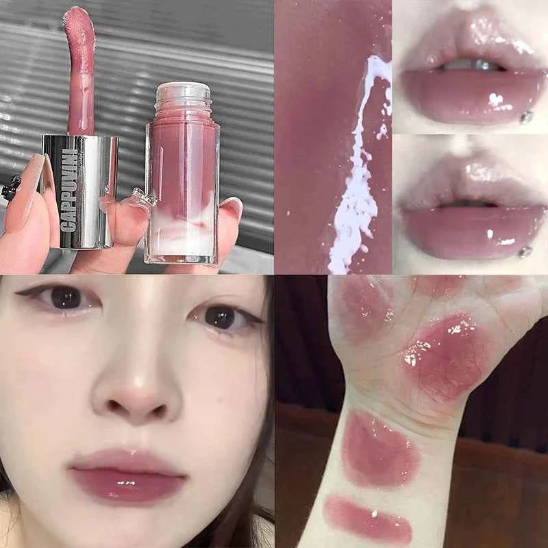 Grayish Pink Lip Gloss Water Light Long Lasting Clear Moisturize Mirror Red Lip Tint Non Stick Cup Liquid Lipstick Makeup.
