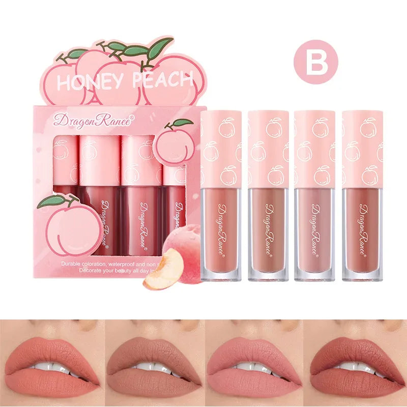 Mini Velvet Matte Lip Gloss Set, 4-Piece Non-Fading, Non-Stick Cup, Long-Lasting Fruit Scented Lip Tint, Smooth and Lightweight - My Vixen Vault