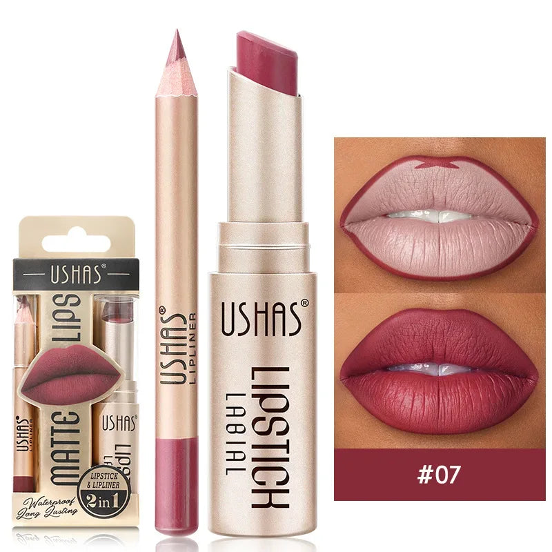 USHAS 12 Color Lip Liner + LIPSTICK Set Easy Coloring Matte Lipstick Long lasting nude red lipstick - My Vixen Vault
