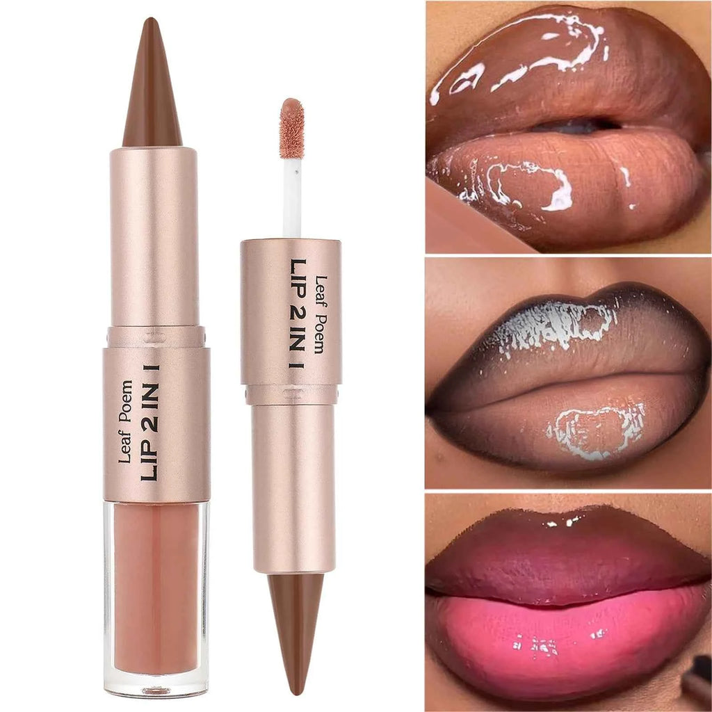 2 IN 1 Nude Brown Pink Mirror Lip Gloss Tapered Gradient Lipliner Contour Pencil Matte Lip Liner Waterproof Sexy Lipstick Makeup.