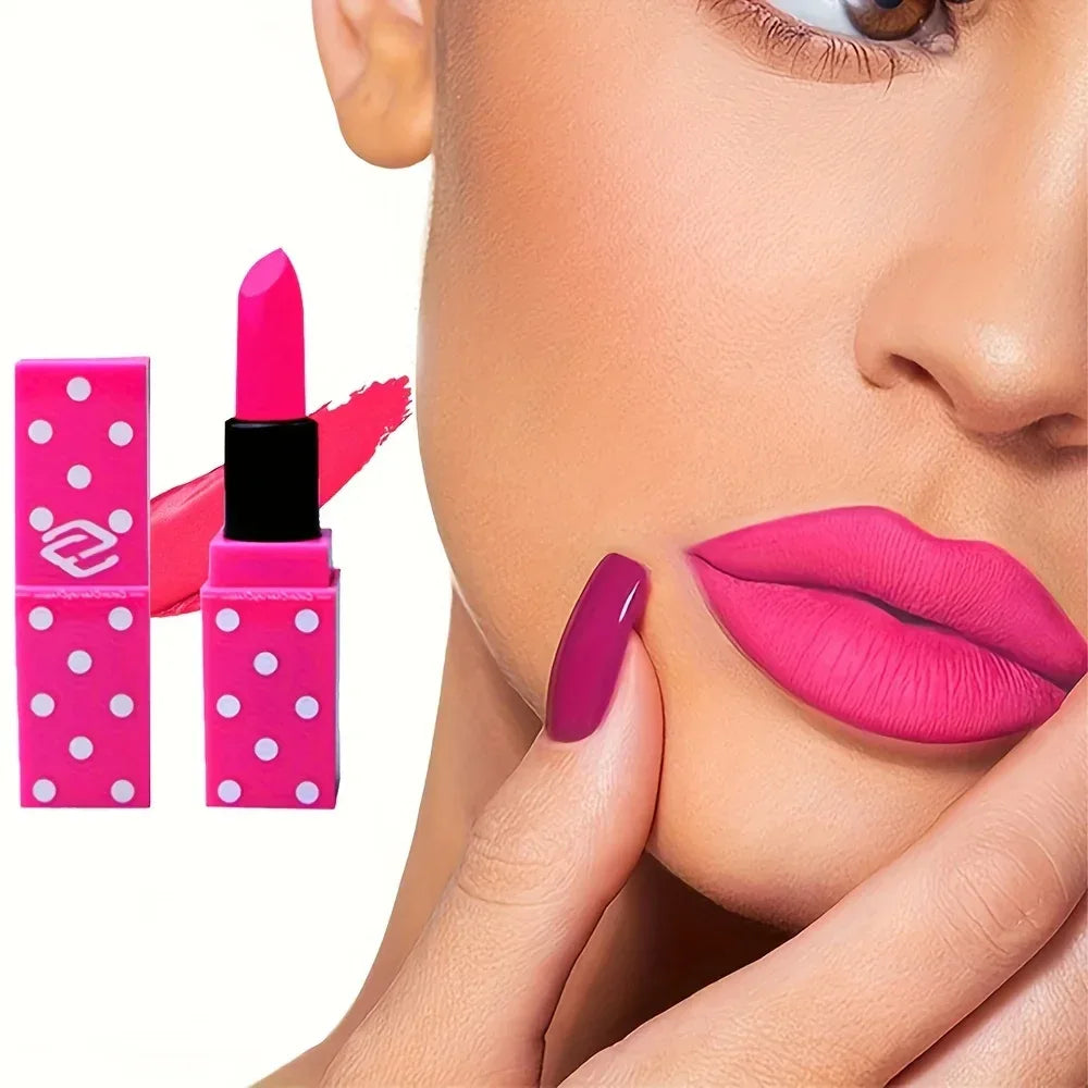 8 Colors Super Cute Girls Lipstick, Pink Polka Dots Design Long Lasting Non-fading Waterproof Velvet Lip Color, Non-Stick Cup - My Vixen Vault