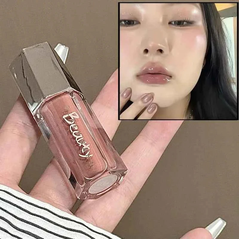 Ice Transparent Brown Lip Gloss Moisturizing Glossy Liquid Lipstick Water Light Glass Mirror Lip Glaze Long-lasting Beauty Lips.