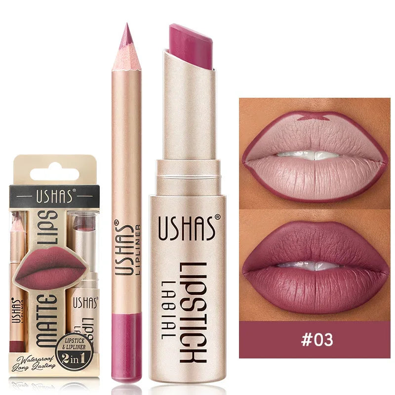 USHAS 12 Color Lip Liner + LIPSTICK Set Easy Coloring Matte Lipstick Long lasting nude red lipstick - My Vixen Vault