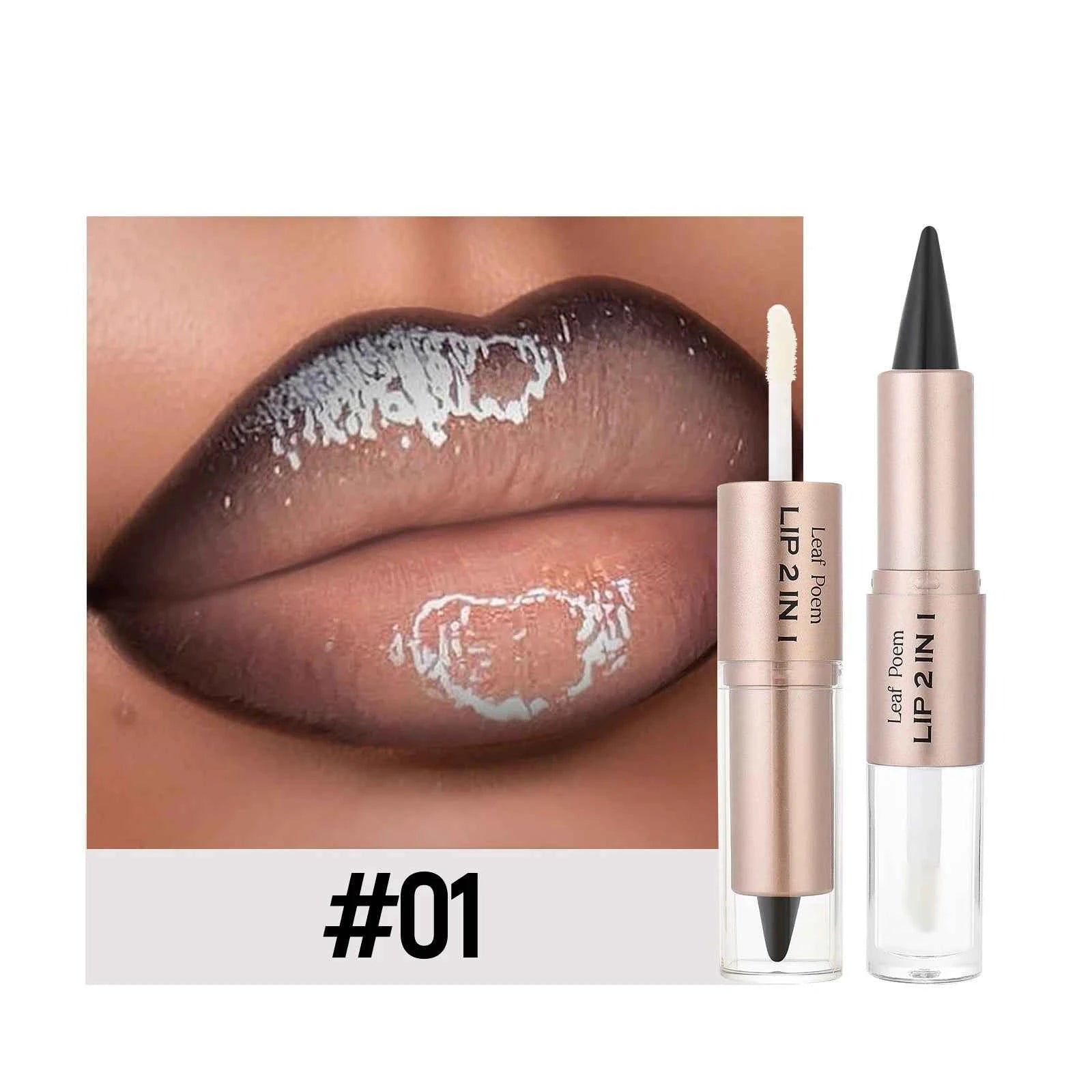 2 IN 1 Nude Brown Pink Mirror Lip Gloss Tapered Gradient Lipliner Contour Pencil Matte Lip Liner Waterproof Sexy Lipstick Makeup.