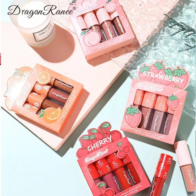 Mini Velvet Matte Lip Gloss Set, 4-Piece Non-Fading, Non-Stick Cup, Long-Lasting Fruit Scented Lip Tint, Smooth and Lightweight - My Vixen Vault
