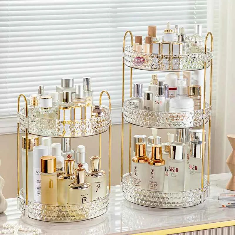 360° Rotating Cosmetic Organizer 3 Tier Transparent Diamond Pattern Cosmetic Rack Bathroom Cosmetic Vanity Organizer Countertop.