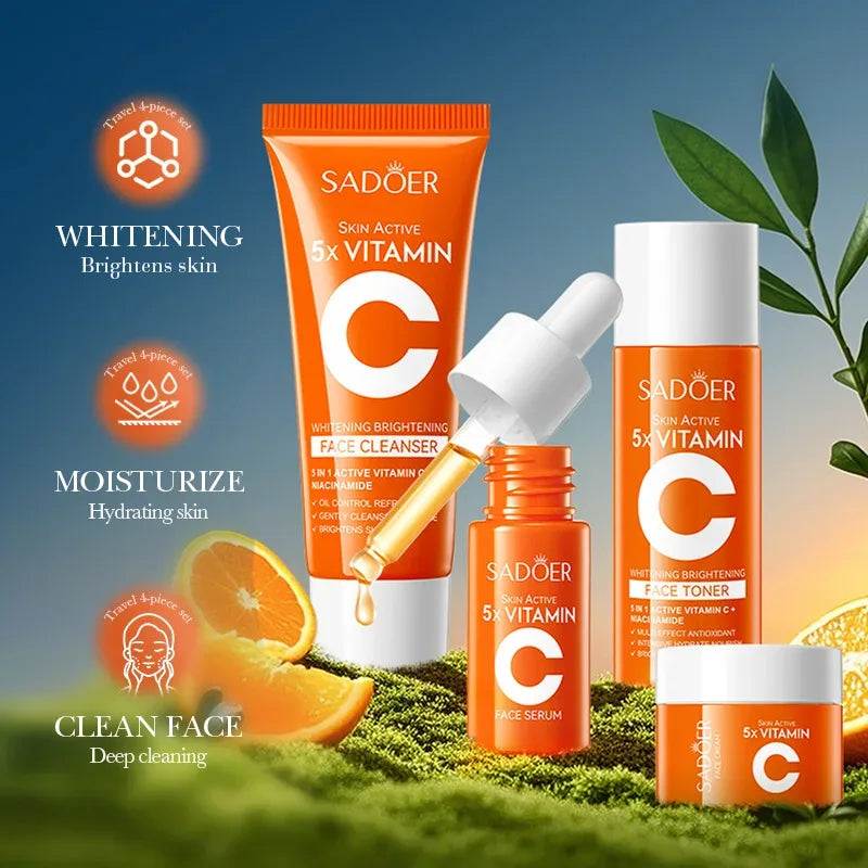 Five-piece vitamin C moisturizing travel skin care set vitamin C facial cleanser toner essence cream portable skin care products.