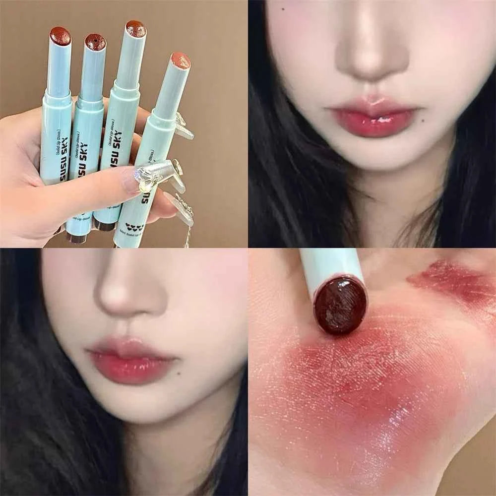 4 Colors Solid Lip Gloss Stick Mint Non-Sticky Glass Shine Lip Balm Hydrating Water Light Lipstick Tint Natural Look Makeup.
